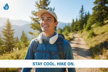 Person wearing neck fan while hiking outdoors