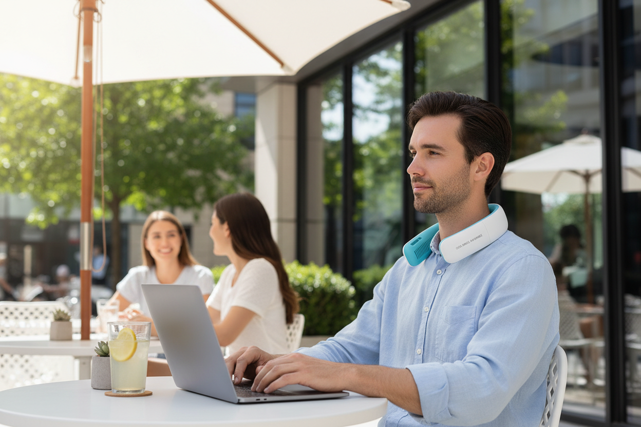 Person wearing hands-free bladeless neck fan at outdoor cafe