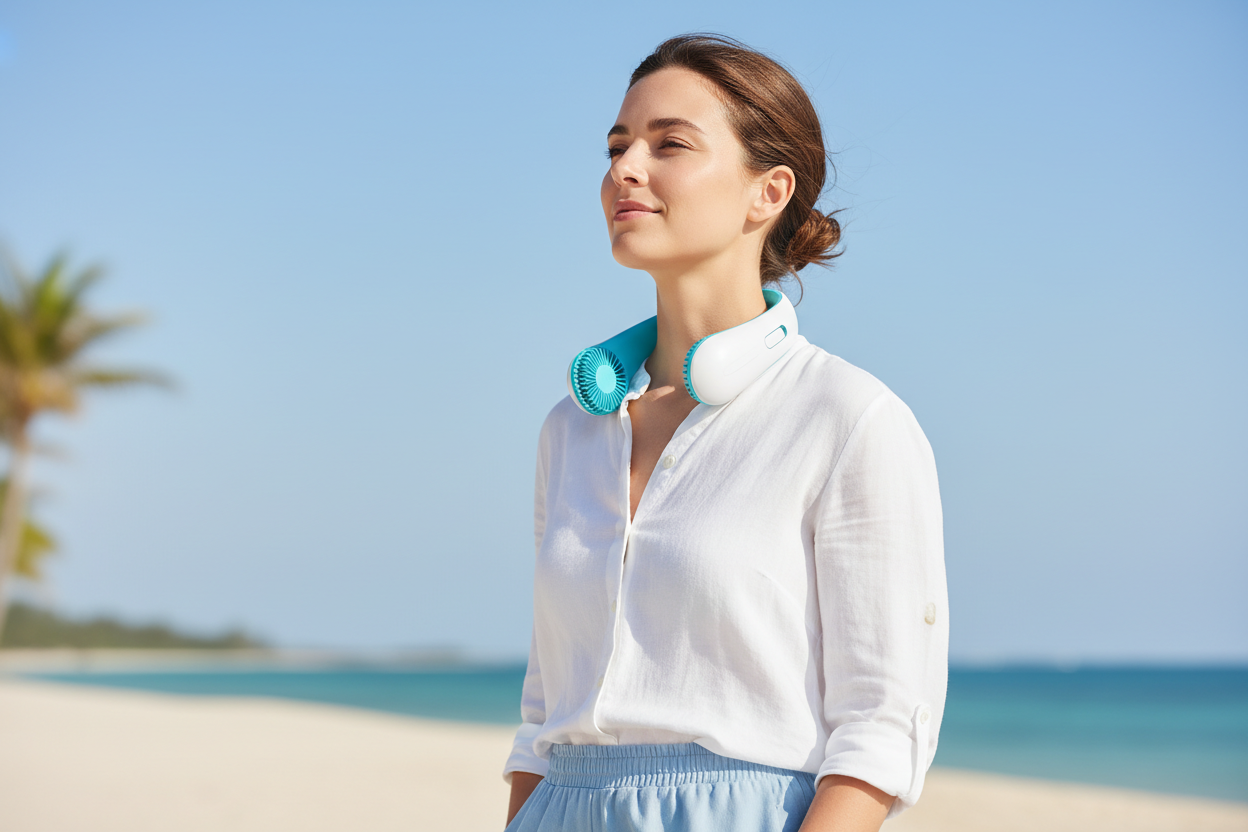Lifestyle hero shot of portable bladeless neck fan